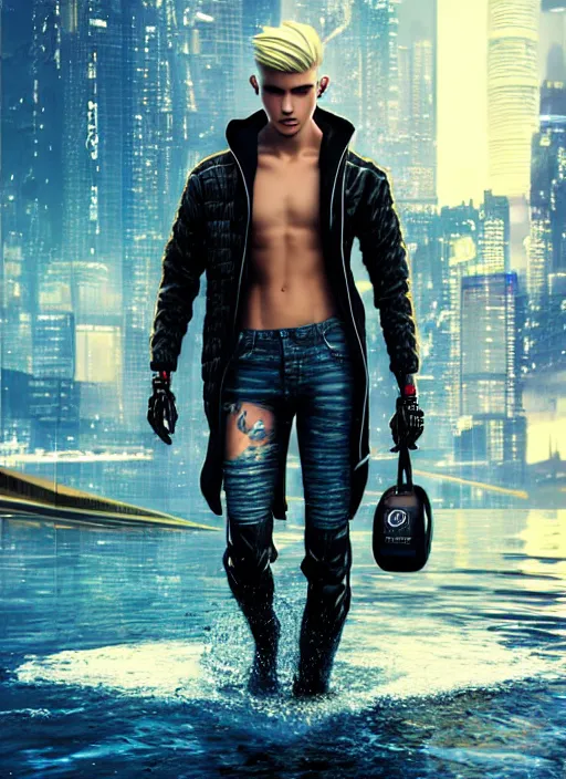 Prompt: photo of cyberpunk blonde male teenager walking on water in the style of stefan kostic, realistic, sharp focus, 8 k high definition, insanely detailed, intricate, elegant, art by stanley lau and artgerm