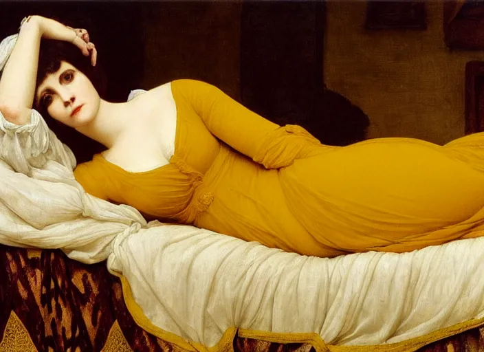 Image similar to portrait of liza minelli as a medieval lady reclining on bed, wearing yellow ochre, preraphaelite colour photography by frederic leighton, 8 k