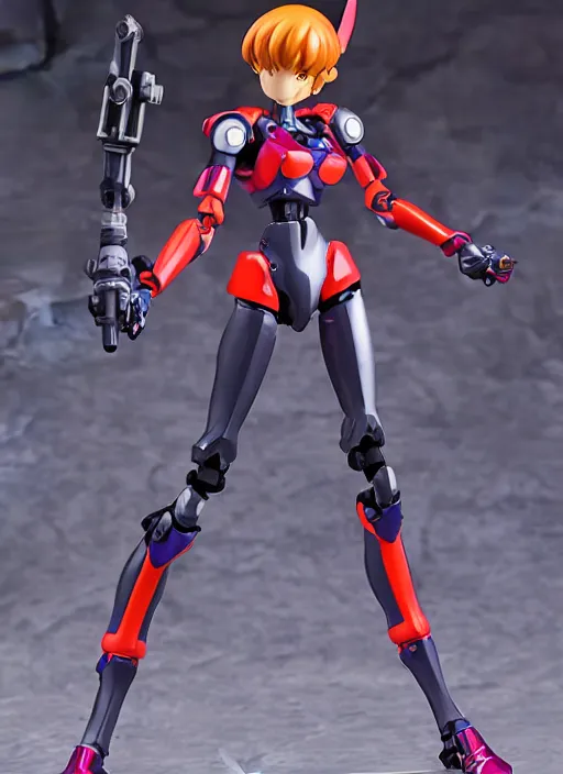 Image similar to toy design,Girl in mecha cyber Armor, portrait of the action figure of a girl, with bare legs， holding a weapon，in the style of NEON GENESIS EVANGELION， anime figma figure, studio photo