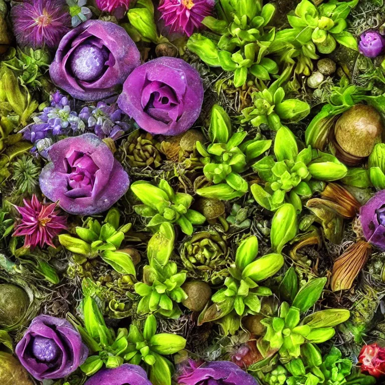 Prompt: a beautiful macro picture with close up grown sprouts and plants from a fantasy world with different patterns, fantastic growths, luminous tendrils and blooming unusual invented flowers, highly detailed, hdr, 8 k resolution, fantasy art