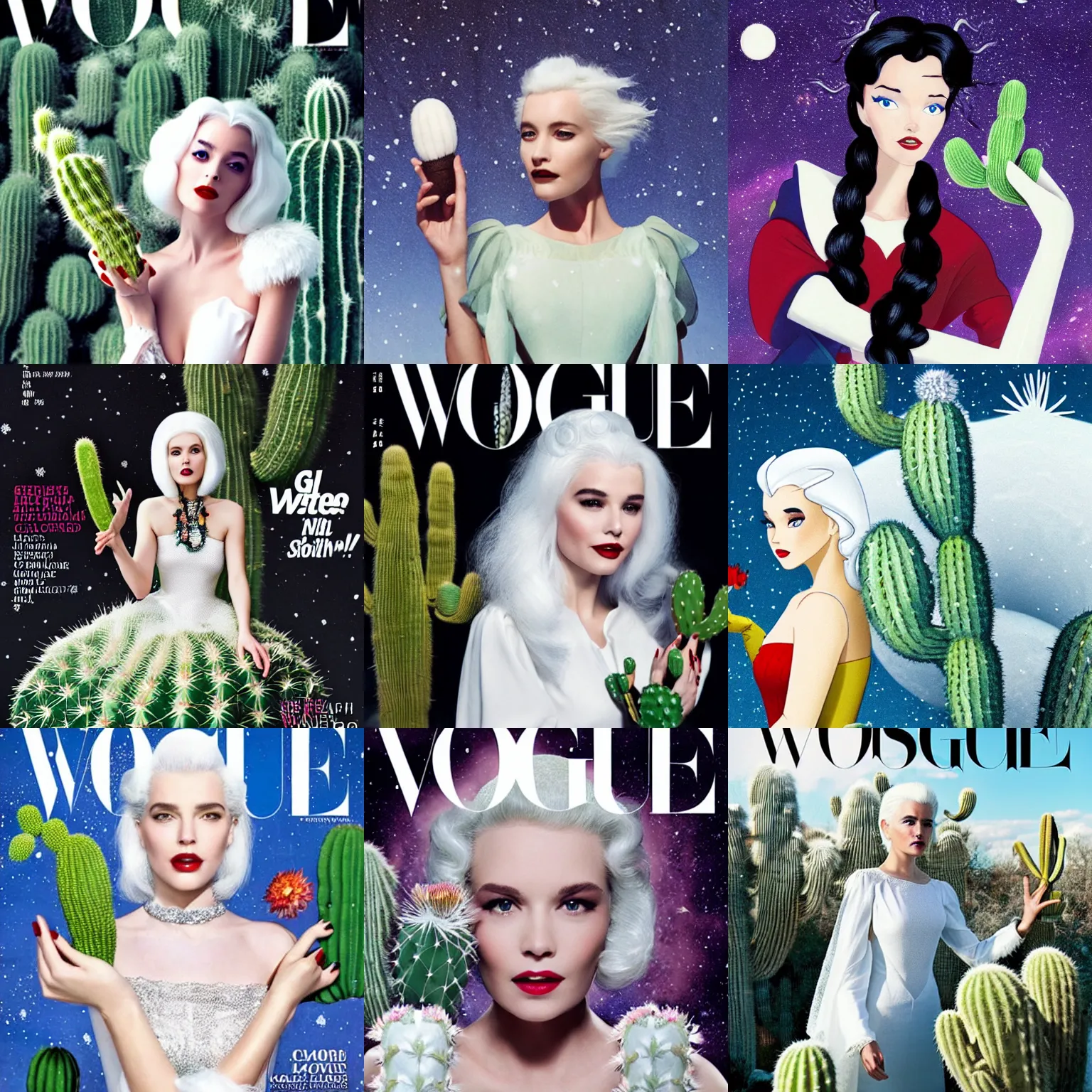 Prompt: snow white with white hair holding a cactus in space, cover of vogue magazine cinematic shot