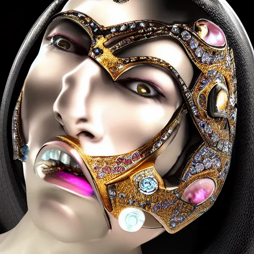 Image similar to complex golden ring with cameo and gems of a female mouth with a cyberpunk style, 8k, details, studio lighting