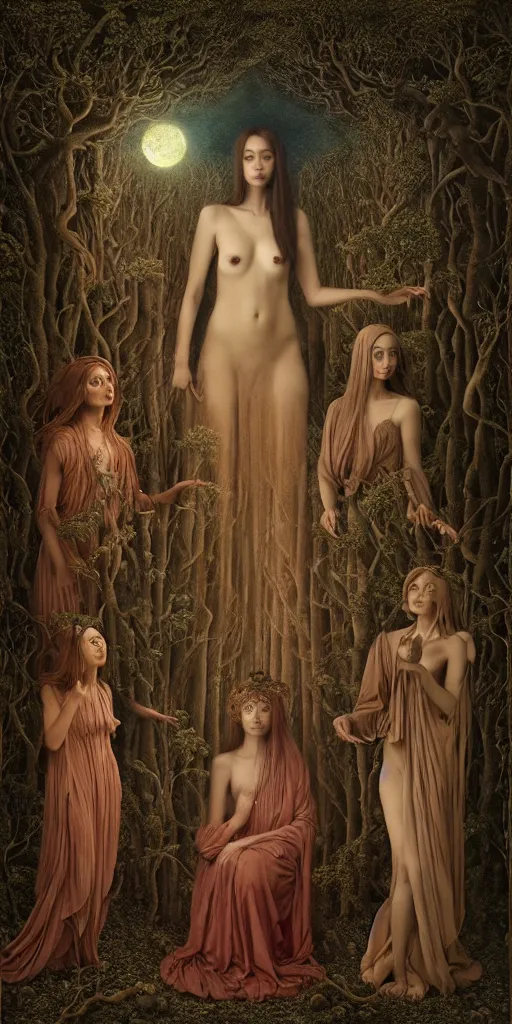 Prompt: the three fates, forest, moonlight, gemma chen, madison beer, angela sarafyan, pinup, intricate beautiful faces, surrealistic painting by agostino arrivabene, vanessa beecroft, anka zhuravleva, mary jane ansell, peter mohbacher, gerald brom