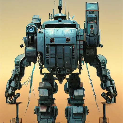 Prompt: a anthropomorphic humanoid tank Mech in the style of Ralph McQuarrie/Syd Mead/John Berkey detailed realistic HD 8k High Resolution