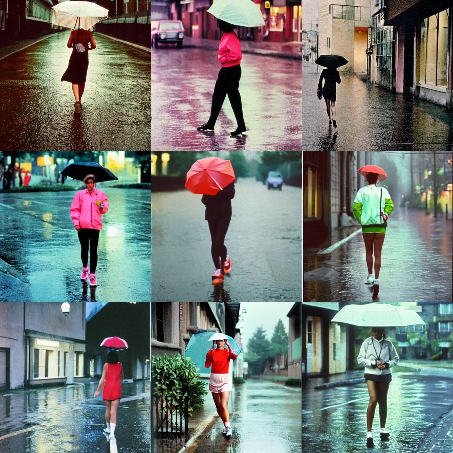 Prompt: A Long-shot from front, color outdoor photograph portrait of a woman in tennis wear is walking on the rainy street, ambient lighting, 1990 photo from Magazine.