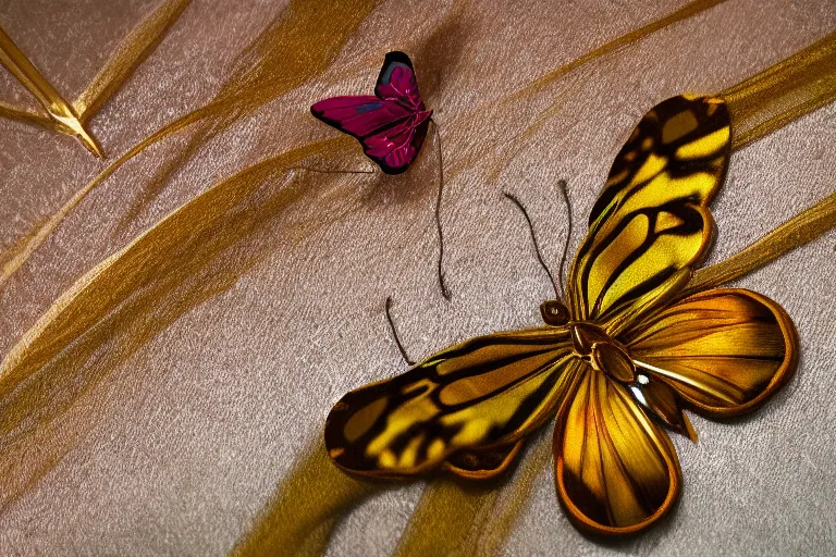 Prompt: macro photograph of a mechanical butterfly with embroidered silk wings | extreme closeup | diaphanous silk | soft colors | by Vermeer | unreal engine | featured on Artstation