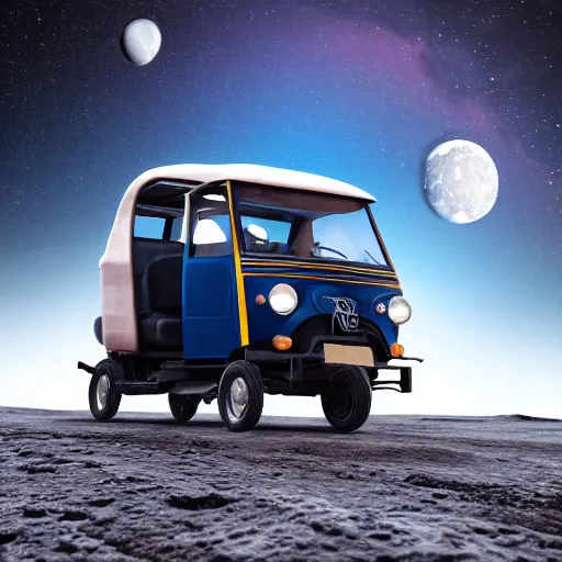 Image similar to a dark blue bajaj tuk tuk traveling on the surface of the moon, moon craters, night sky, milky way, hard lighting, matte painting, concept art, 4k