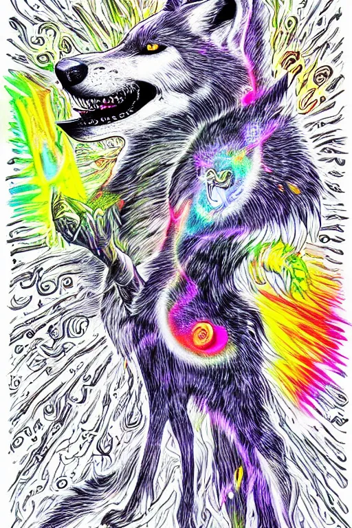 Prompt: A mystical wolf bursts out of the drawing and spills directly into the drawing setting up the artwork, lazer beams are bursting out of them in a fantastic burst of colors. Illustration done in parody of works by Jack Skellington.