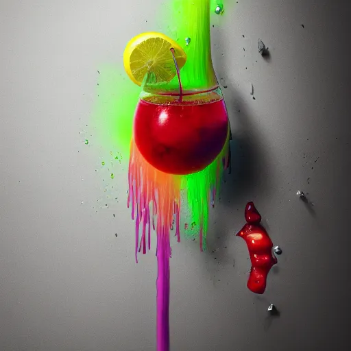 Prompt: cherry limeade smoothie drip, intricate complexity, surreal horror, inverted neon rainbow drip paint, trending on art station, photoreal, 8 k, octane render by greg rutkowski, rafał olbinsk and salvador dali