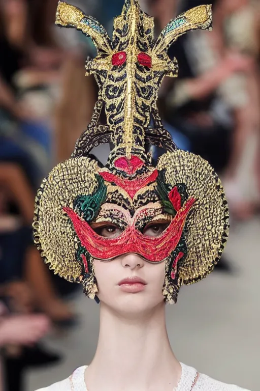 Prompt: valentino resort ss 2 0 1 7 with ornate mask headpiece