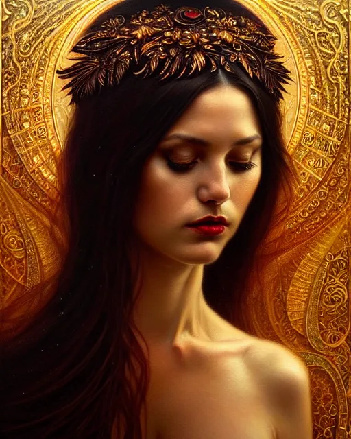 Image similar to portrait of a beautiful goddess, enigmatic beauty, dominant shades of black, gold silver, dark red, white, head in focus, fantasy art, ornamental aesthetics, intricate, elegant, highly detailed, hyperrealistic, artstation, concept art, soft illumination, painterly, sharp focus, by karol bak