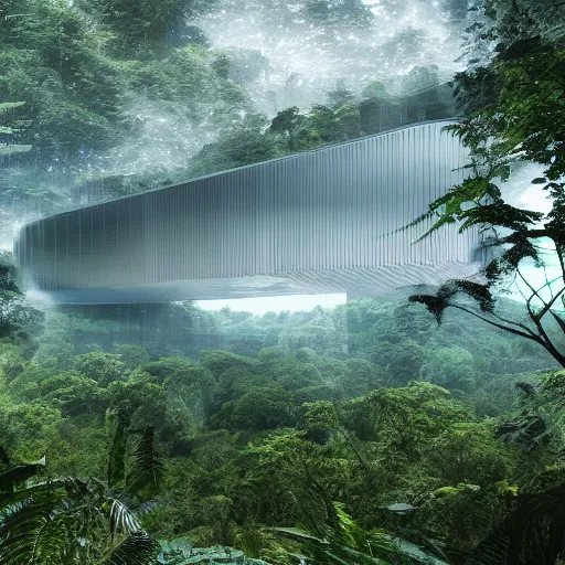 Image similar to extreme wide shot a futuristic containment building in a rainforest valley with a city in the distance, national geographic, hyper realistic, 4 k, harsh light, artstation