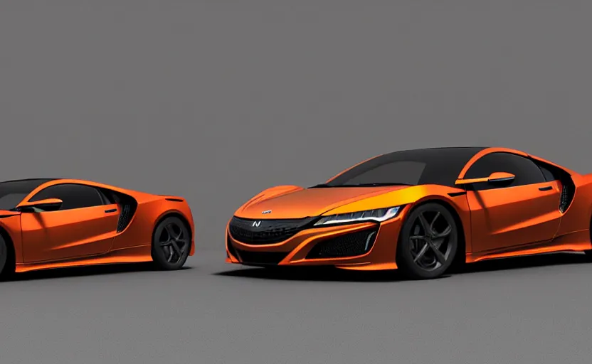 Image similar to honda nsx, futuristic car, symmetrical mechanical features, designed by polestar, night tokyo metropoly, elegant, matte papaya orange paint, covered wheels, hard surfaces modelling, dramatic, rendered in ue 5, made in zbrush, bokeh effect, sharp focus