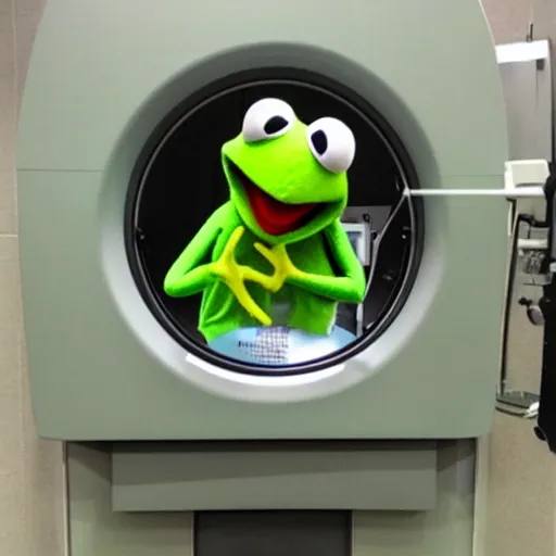 Image similar to screaming Kermit the Frog trapped inside an MRI machine