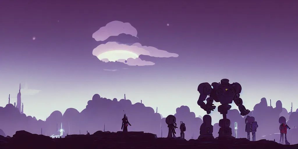 Image similar to Iron Giant, Very Cloudy Sky, Sun, Neon Lights, Subject in Middle, Rule of Thirds, 4K, Retrofuturism, Castlevania, Fantasy, hollow knight, Studio Ghibli, Simon Stålenhag