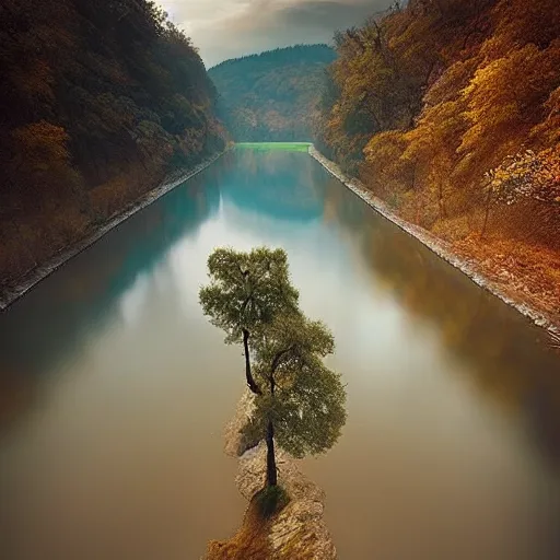 Image similar to photo of a beautiful river landscape by michal karcz., taken by a disposable camera