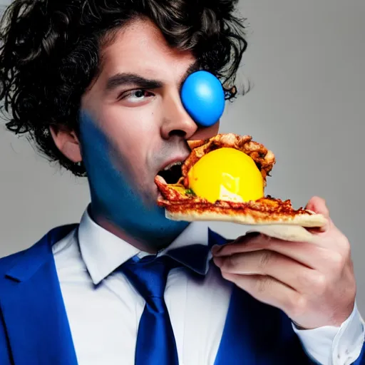 Prompt: guy in white suit with blue tie and an egg as a head eating pizza