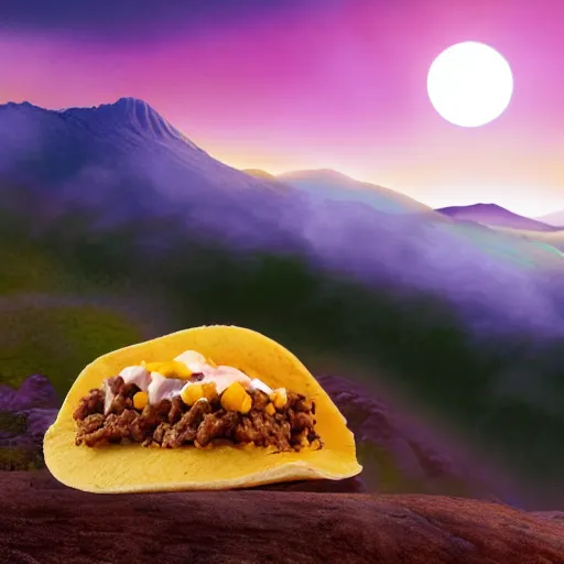 Prompt: a beautiful matte painting of a taco bell taco on a mountain