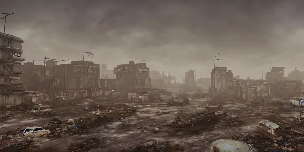 Image similar to wide angle shot of dilapidated fallout 5 city in real life, desolate dilapidated town, empty streets, nightmarish, some rusted retro futuristic fallout style parked cars, overcast, blankets of fog pockets, rain, volumetric lighting, beautiful, daytime, autumn, sharp focus, ultra detailed, cgsociety