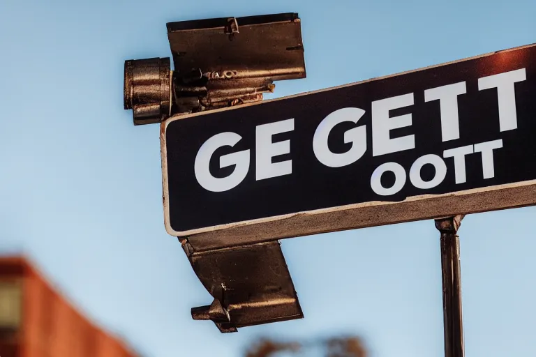 Prompt: a city street sign that says Get Out, photo, 4K