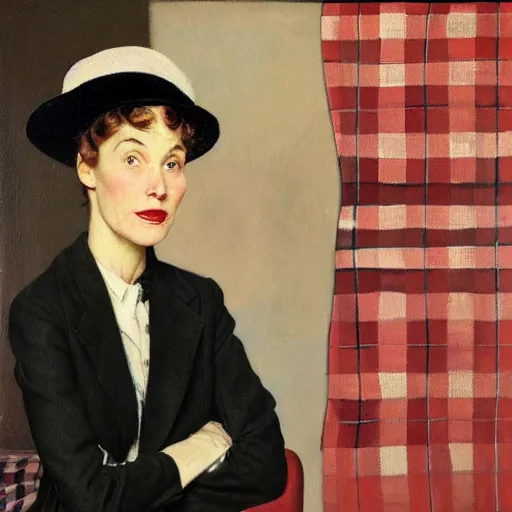 Image similar to Front portrait of a bored woman with a plaid blazer, bangs and a beret. A painting by Norman Rockwell.