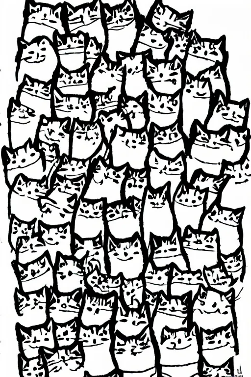 Image similar to cartoon sketch of a thousand angry cats, cute drawing