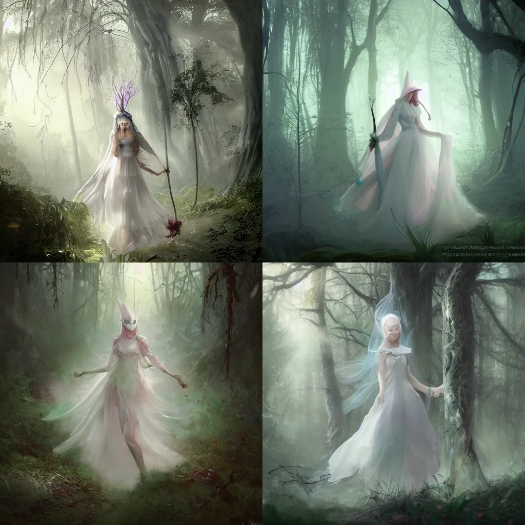 Prompt: beautiful pastel witch dress in white in a glade in a misty path of the ancient forest at dusk., wearing veil with rococo ornaments, atmospheric, in a spotlight, character design, concept art, cinematic, beautiful lighting, hyper details, beatiful art by Lêon François Comerre, Craig Mullins, Peter Mohrbacher, red and cream, artstation, unreal engine, highly detailed environment HD, Maxon Cinema 4D render, 8K, dark beauty, by Jean-Baptiste Regnault, agostino arrivabene, Botticelli and, Fabio Timpanaro, samori, rubens, trending on artstation