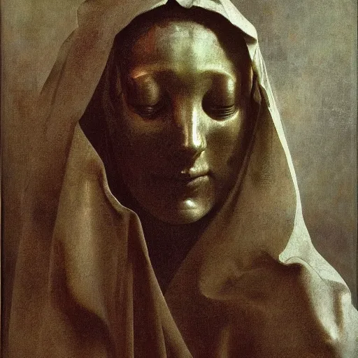 Image similar to The waist-high portrait of beautiful woman with closed eyes in steel full-face occult mask by Ilya Repin, William Blake, Michelangelo da Caravaggio and Beksinski, medium shot, grisaille, highly detailed oil painting, 4k, masterpiece