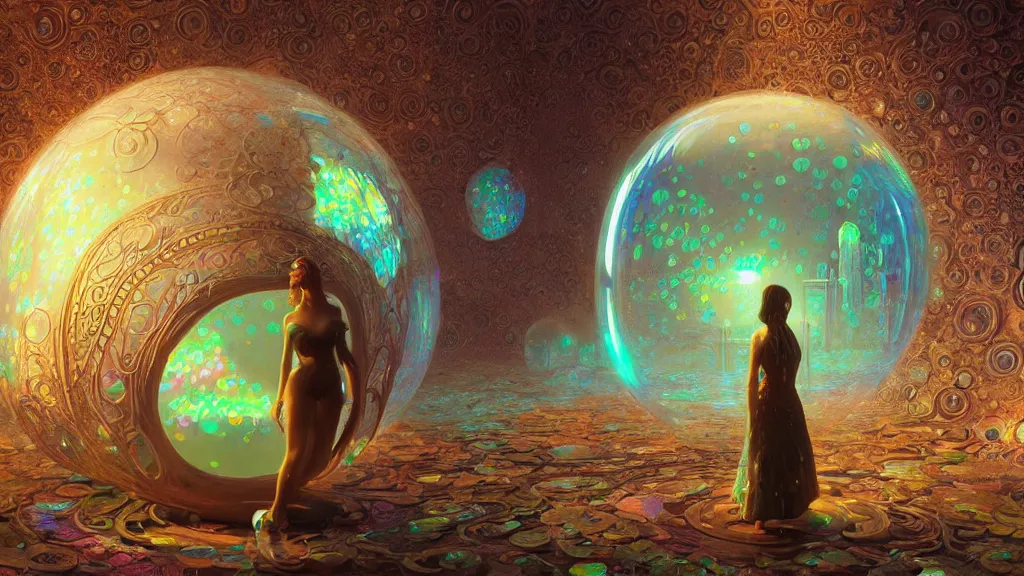 Image similar to a beautiful woman inside ornate bubbles of iridescent liquid, alchemy, intricate, bloom, detailed, volumetric lighting, sharp focus, photorealism, digital painting, highly detailed, concept art, by roger dean and simon stalenhag and mark brooks