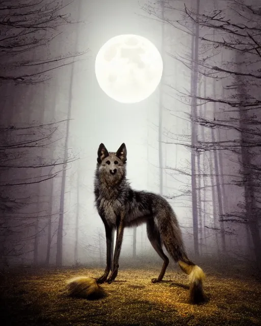 Image similar to Tall emaciated man wolf hybrid, covered in matted fur, he has yellow wolf eyes, a long bent rat like tail, long coyote like ears, and is Wearing a purple velvet cape and Top Hat, Atmospheric Full Moon, beautiful foggy Forrest, highly realistic, Rick Baker style, photoreal, photograph in the style of Annie Leibovitz, artstation