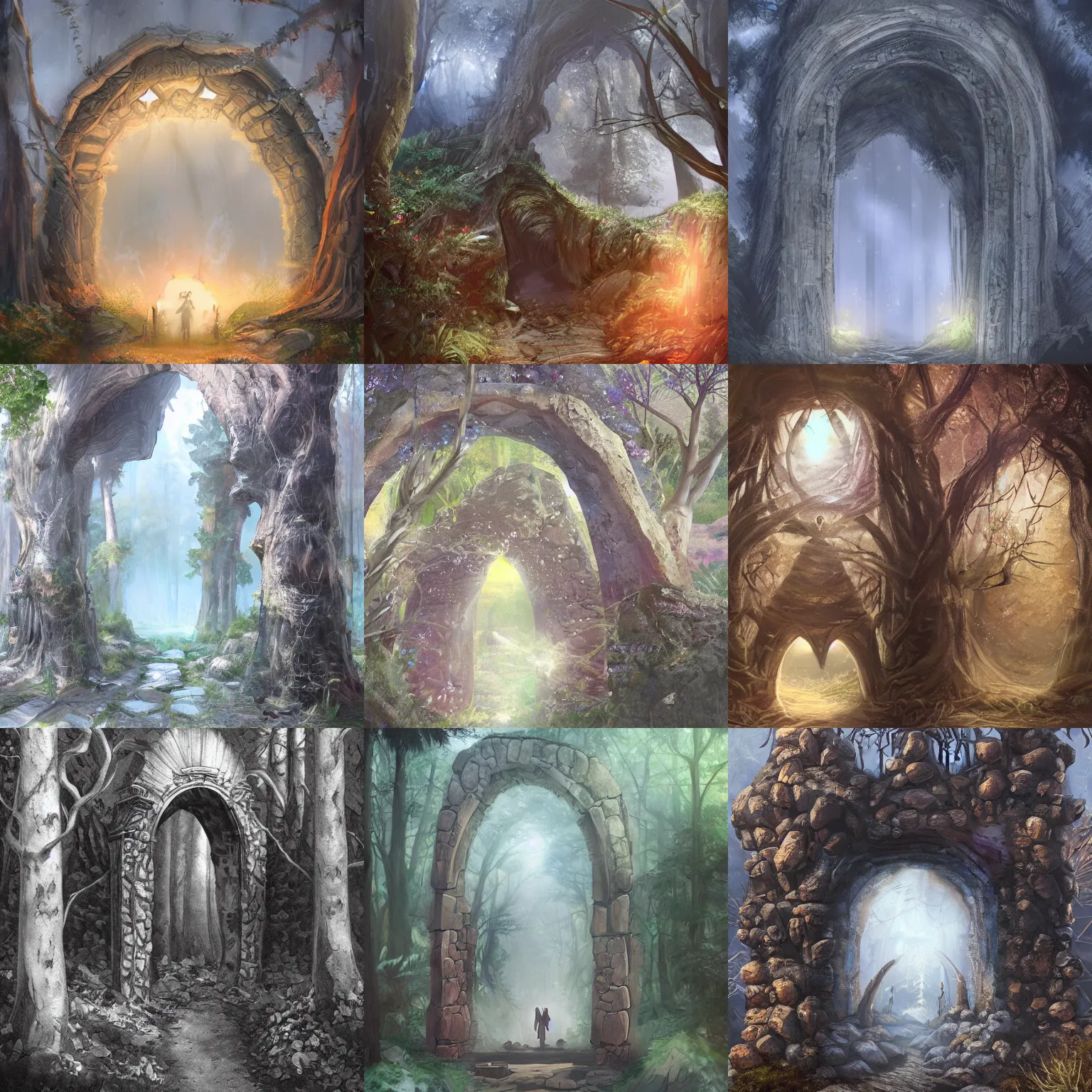 Image similar to A magical portal standing in the middle of a forest leading into another world. Gloomy, forest at night. Stone archway portal, centralized. The portal leads into a sunny world. Highly detailed, trending on artstation.