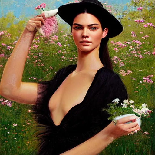 Image similar to happy very thick paint brush strokes paint texture full body fashion model kendall jenner by Jeremy Lipking by Hasui Kawase by Richard Schmid (((smokey eyes makeup eye shadow fantasy, glow, shimmer as victorian woman in a long white frilly lace dress and a large white hat having tea in a sunroom filled with flowers, roses and lush fern flowers ,intricate, night, highly detailed, dramatic lighting))) , high quality