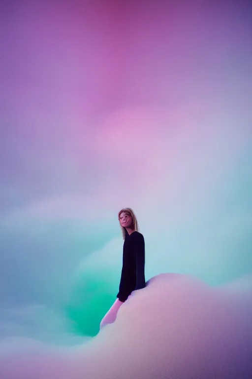 Image similar to high quality pastel coloured film close up wide angle photograph of a model wearing clothing resting on cloud furniture in a icelandic black rock!! environment in a partially haze filled dreamstate world. three point light, rainbow. photographic production. art directed. pastel colours. volumetric clouds. pastel gradient overlay. waves glitch artefacts. extreme facial clarity. 8 k. filmic.