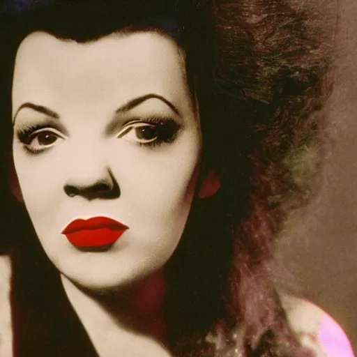 Image similar to a colour photographic aged 3 7 portrait of a hybrid of judy garland and lisa minelli and kate bush, close up