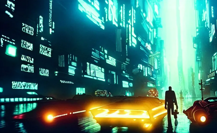 Image similar to car chase though an overgrown destroyed city, epic composition, beautiful lighting, hdr, artistic, cinematic design, by blade runner and rick and morty