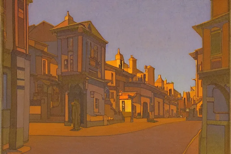 Image similar to winding street at twilight in a very old very beautiful city by George Price Boyce and Nicholas Roerich and jean delville, glowing paper lanterns, strong dramatic cinematic lighting , ornate tiled architecture, lost civilizations, smooth, sharp focus, extremely detailed