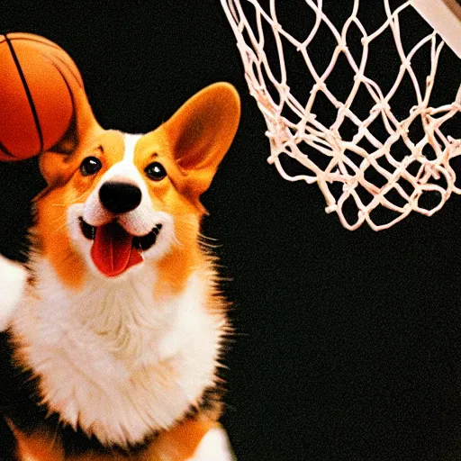 Image similar to film still of a corgi in a jersey dunking a basketball like michael jordan, low angle, show from below, tilted frame, 3 5 °, dutch angle, extreme long shot, high detail, indoors, dramatic backlighting.