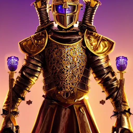 Image similar to a highly detailed knight with glowing purple eyes in a T golden helmet and a golden crown with a blue diamond in the center, golden armor, leather clothes under the armor, leather gloves, holds a black sword, artstation, DeviantArt, professional, octane render, sunset lighting