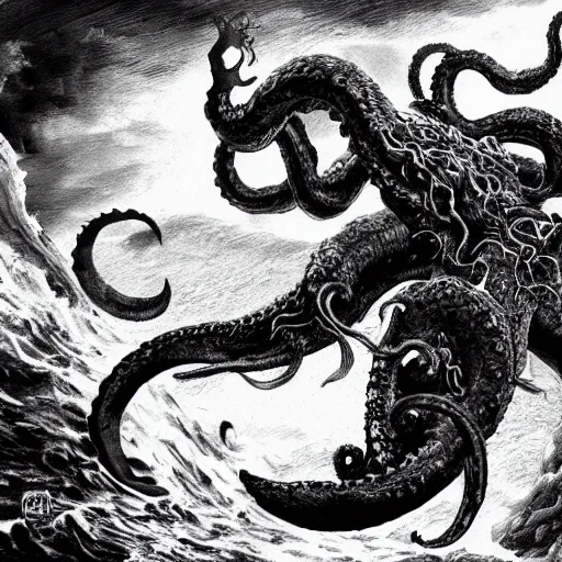Prompt: kraken devours the ship in the exact style of kentaro miura, 4 k, 8 k, absolute detail of even the smallest details and particles, beautiful shadows, beautiful art, black and white drawing, high rendering of details of faces and characters