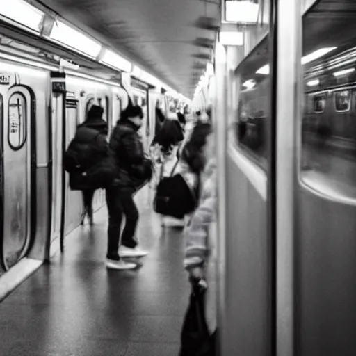 Image similar to people of rer b, subway, atmosphere, sad mood