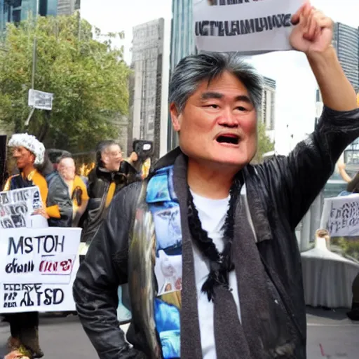 Prompt: frank chu protesting the 1 0 galaxies