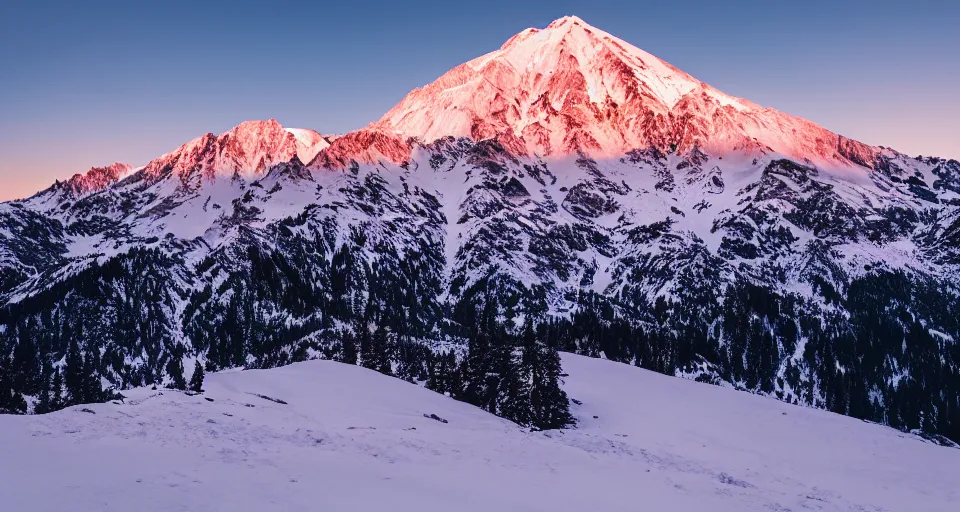 Image similar to professional photo of a snow topped mountain lit by the sunset