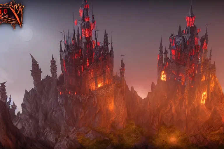 Image similar to big evil castle - city rock dark shadow elves, might and magic heroes vii, dark fantasy, shadows, artstation trending, unreal engine 5, red