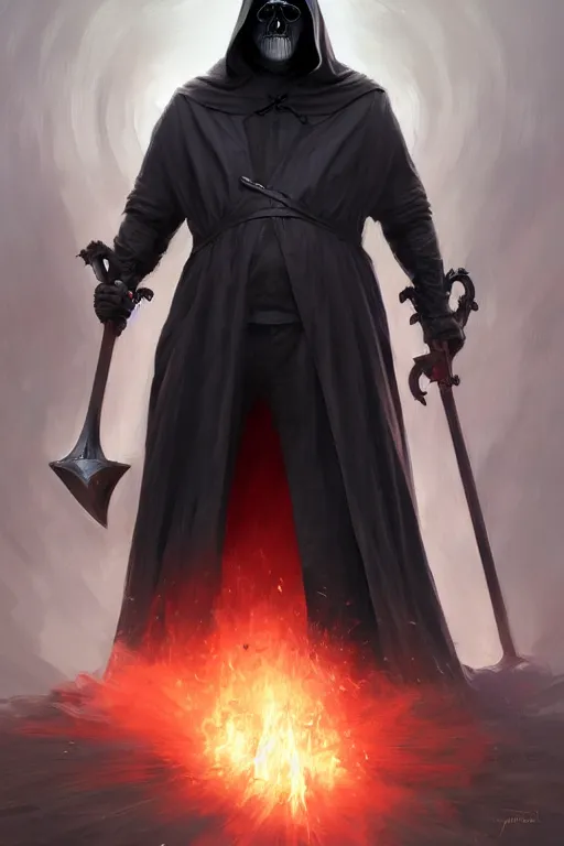 Image similar to Boris Johnson as Grim Reaper in a hood with scythe, portrait, highly detailed, digital painting, artstation, concept art, smooth, sharp focus, illustration, cinematic lighting, art by artgerm and greg rutkowski and alphonse mucha