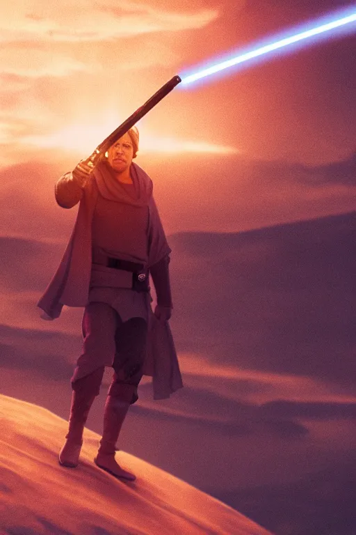 Prompt: luke skywalker wielding a lightsabre in a heroic pose against a tattooine sunset, dramatic lighting, octane render