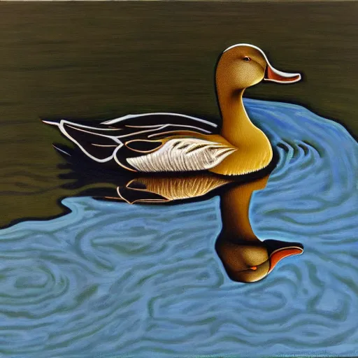 Prompt: a duck on the prowl oil painting neil welliver