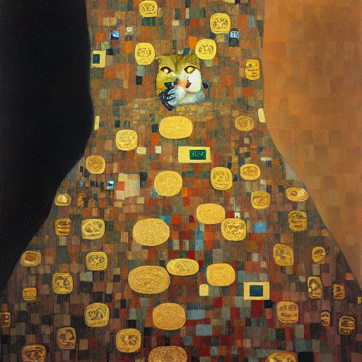 Prompt: cat sitting, Gustav Klimt, concept art, sharp, octane render, oil painting