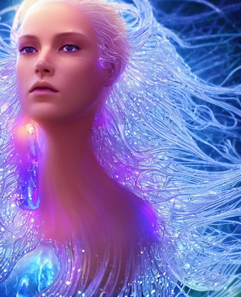 Prompt: iridescent close-up macro portrait of the face of a beautiful princess, epic angle and pose, symmetrical artwork, 3d with depth of field, blurred background, cybernetic jellyfish female face skull phoenix bird, translucent, nautilus, energy flows of water and fire. a highly detailed epic cinematic concept art CG render. made in Maya, Blender and Photoshop, octane render, excellent composition, cinematic dystopian brutalist atmosphere, dynamic dramatic cinematic lighting, aesthetic, very inspirational, arthouse. y Greg Rutkowski, Ilya Kuvshinov, WLOP, Stanley Artgerm Lau, Ruan Jia and Fenghua Zhong