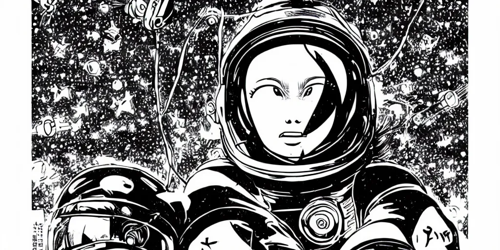 Image similar to manga portrait of a woman wearing a space helmet, akira toriyama, lineart, black and white, scifi, big clouds visible in the background, stars in the sky, high contrast, deep black tones