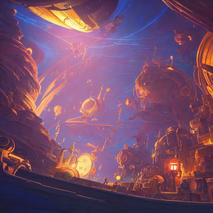 Image similar to treasure planet treasure room, beautiful lighting, vivid colors, intricate, elegant, smooth, sharp focus, highly detailed digital painting, concept art, cinematic, unreal engine, 4 k wallpaper, art by syd mead, terada katsuya, atey ghailan, svetlin velinov, tarmo juhola, cgsociety, artstation trending, deviantart featured